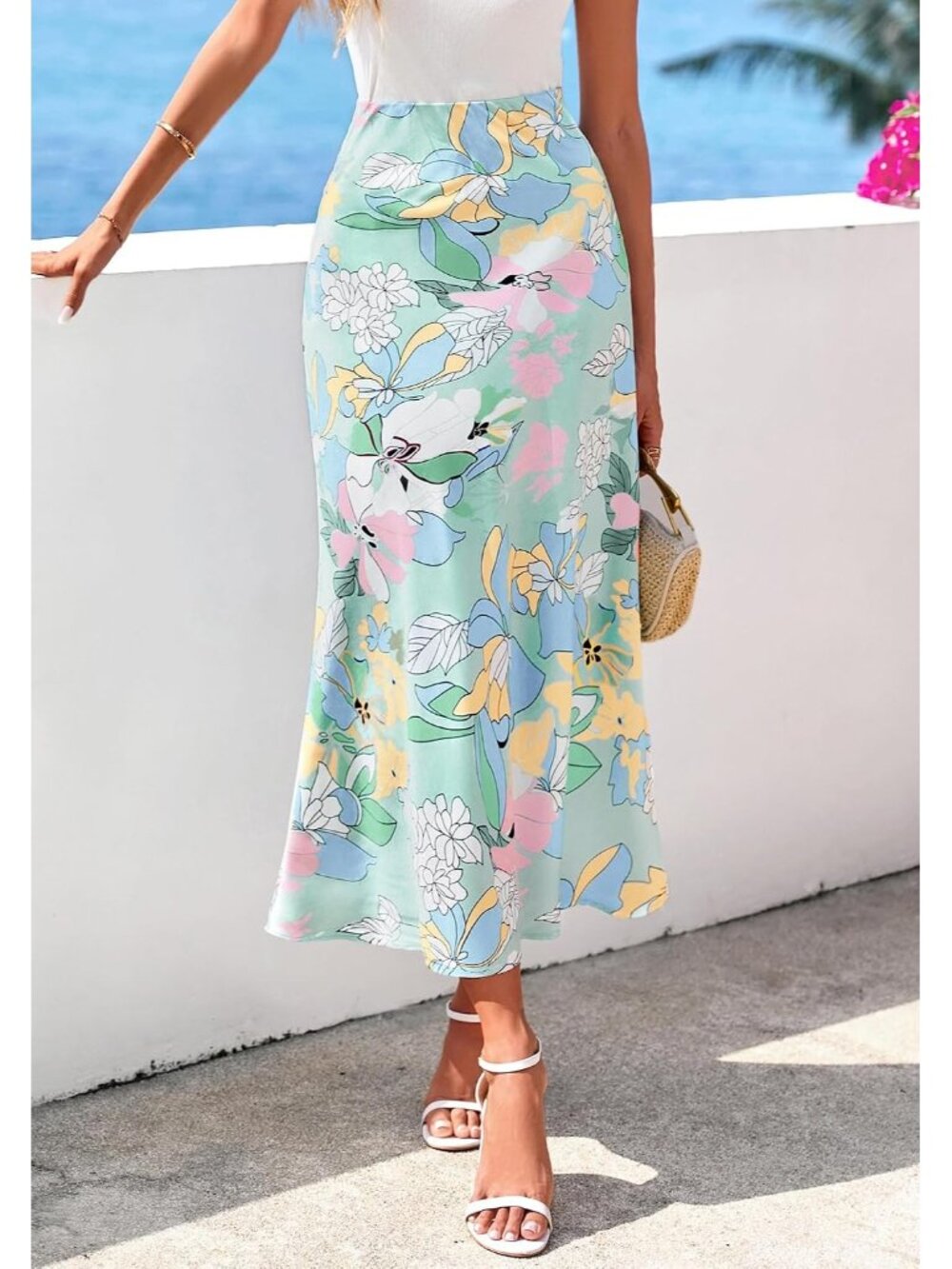 Women Big Floral Blue High Waisted A-Line Silky Flowy Bias Cut Satin Midi Skirt - Picture 4 of 6